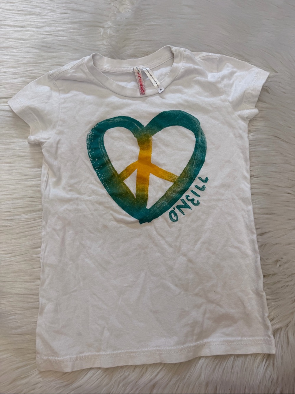 O'Neill White Tee with Teal & Yellow Heart Peace Graphic Sz L